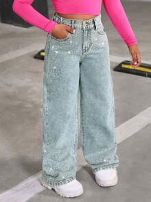 SHEIN Explorewe Spodnie jeansowe z szerokimi nogawkami dla nastolatek z kolekcji Y2K, z błyszczącymi kryształkami, idealne na codzienne spacery po mieście - Jasny jeans - Zobacz 5
