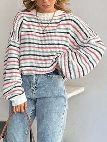 EURMUSE Áo chui đầu vai trễ cổ tròn họa tiết sọc dành cho nữ - Nhiều màu - Xem 5