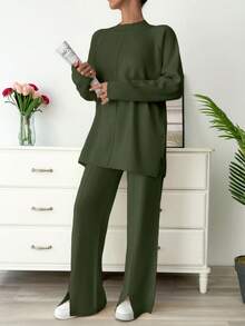 EURMUSE Knitwear Basic Oversize Co-Ords Solid Color Long Sleeve Loose Sweater And Trousers - Khaki - View 3