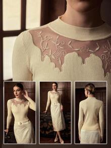 ZEYLAH Lace Embroidered Patchwork Knit Base Layer Top, Autumn/Winter - White - View 7