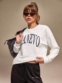 女士流行 Hanevo 休闲徽标运动衫，秋冬 - 白色 - 查看 3