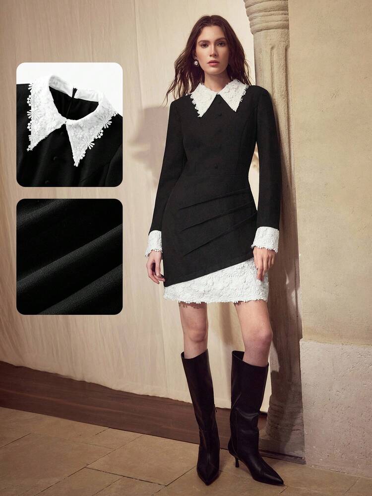 WATER-SOLUBLE 3D EMBROIDERED 2 IN 1 COLLAR DECOR COLLEGIATE STYLE ELEGANT WOMEN SHORT DRESS