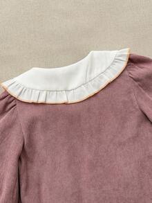 Blossori Young Girls' French Elegant Color-Blocking Embroidered Collar Pink Long Sleeve Dress - Multicolor - View 5