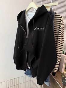 SHEIN Fashionable Casual Hooded Fleece Sweatshirt For Women - Black - View 3