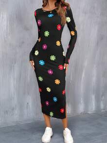 SHEIN LUNE 秋冬季可爱碎花圆领套头长袖中长连衣裙，开衩下摆，休闲风 - 彩色 - 查看 5