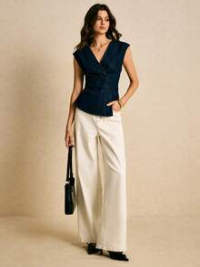 Poéselle Women's Casual Asymmetric Hem Denim Blouse, Summer Dark Blue Top Peplum Top Women Wrap Tops For Women Navy Blue Top Women Denim Top Women  Valentine's Day - Dark Wash - View 6