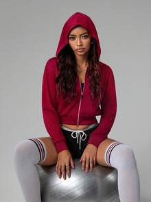Gameset SHEIN Sport Casual Versatile Wine Red Cropped Hooded Jacket,Gym Wear,Workout,Winter - Burgundy - View 5