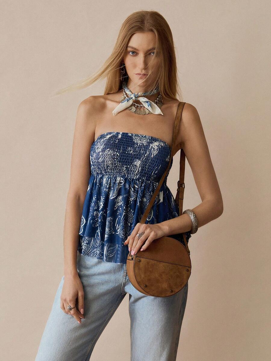 Florisole Top bandeau estampado retro para mujer - Azul - Ver 1