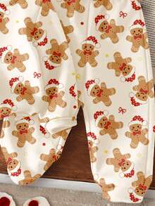 SHEIN Blanco crema, estampado de hombrecillo de jengibre de Navidad lindo y de dibujos animados, conjunto de sudadera con capucha y pantalones holgados, de ajuste casual para niña, de cuello redondo, cómodo, grueso, suave y cálido, adecuado para uso diario en otoño/invierno, hogar, Navidad, Año Nuevo, vacaciones