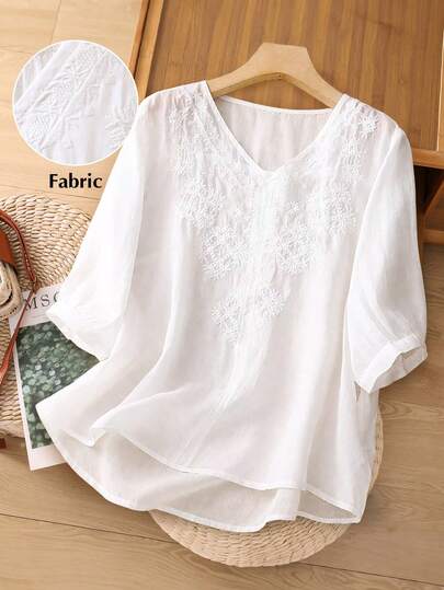 Linhara Plus Size Casual Solid Color Embroidered Blouse, Summer