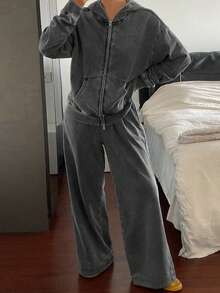 Livesso 女式连帽上衣和宽松牛仔裤套装，秋季 - 灰色 - 查看 4