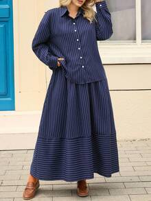 EMERY ROSE 大码女式休闲蓝色条纹衬衫和裙子两件套，带口袋，秋冬 - 藏蓝色 - 查看 5