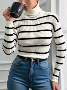 EURMUSE Striped Pattern Turtleneck Sweater - White - View 4