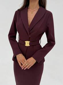 Aloruh Women's Solid Color Shawl Collar Long Sleeve Belted Jacket And Fish Tail Midi Skirt Elegant Suit Set