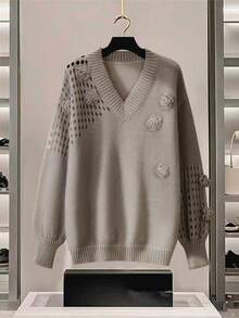 Franclia Women's Solid Color Minimalist Handmade Crochet V-Neck Pullover Sweater, Casual Daily Wear - Mocha Brown - View 1