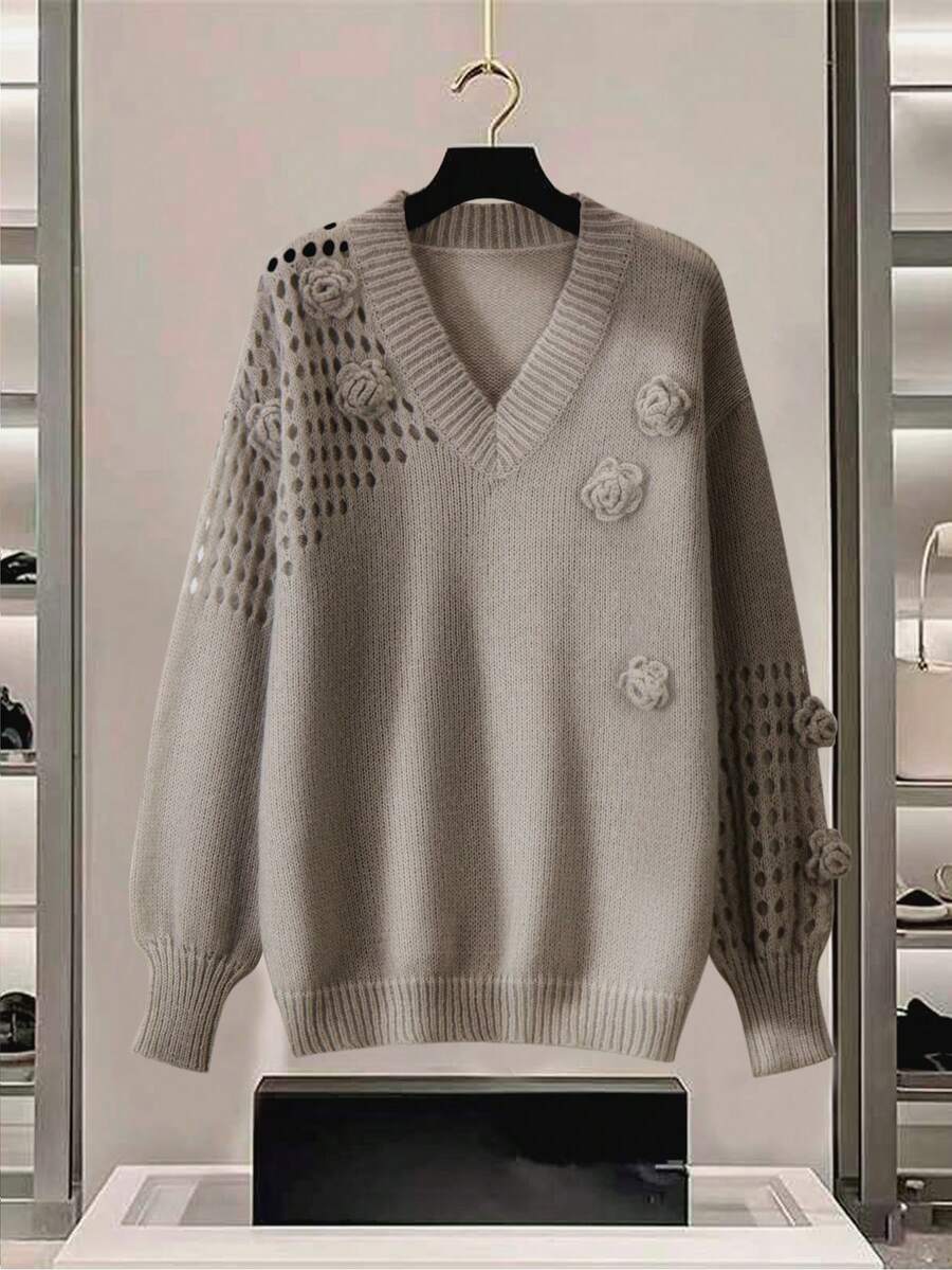 Franclia Women's Solid Color Minimalist Handmade Crochet V-Neck Pullover Sweater, Casual Daily Wear - Mocha Brown - View 1
