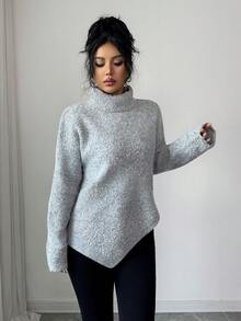 SHEIN Elenzya Patchwork Poncho Style Oversized Knit Sweater - Grey - View 3