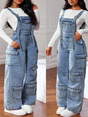 Jeanoix Plus Size Casual Washed Denim Bib Overalls