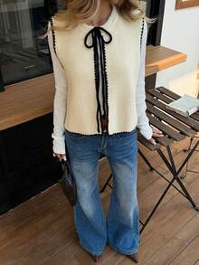 Siren Gaze 女式撞色针织背心，秋冬 - 杏色 - 查看 3