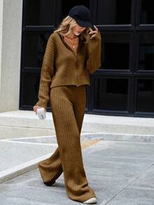 SHEIN Cottnline 2pcs Women Solid Color Zipper Cardigan And Pants Knit Suit Set - Camel - View 6