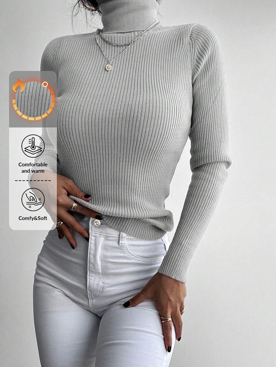 EURMUSE Women's Solid Color Minimalist Turtleneck Long Sleeve Sweater, Everyday Wear - Light Grey - View 1