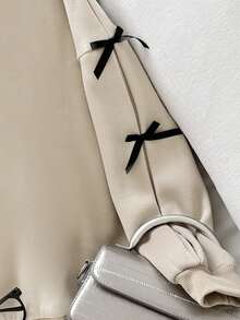 SHEIN Tween Girl Loose Casual Minimalist Comfortable Round Neck Long Sleeve Sweatshirt With Bow Decor Autumn Winter Clothes ForGirln - Apricot - View 3