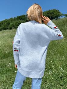 EURMUSE Women's Loose Fit Cherry Pattern Drop Shoulder Long Sleeve Casual Knit Cardigan,Petite Cardigans,Cardigans - Baby Blue - View 2