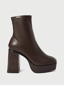SHEIN X Lucía Bellido Sugerpunk Fashionable & Versatile Simple High Heel Platform Ankle Boots For Christmas - Chocolate Brown - View 4