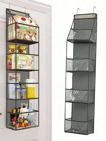 1pc 6-Compartment Foldable Hanging Bag For Snacks, Toys, Clothes Storage, Grey, With 2 Hooks For Wall/Cabinet/Door Hanging In Kitchen/Bathroom,Rear Door Storage Hanging Bags, Wall-Mounted Fabric Storage Bags, Dormitory Organizational Gadgets, And Household Wall-Mounted Storage Solutions.