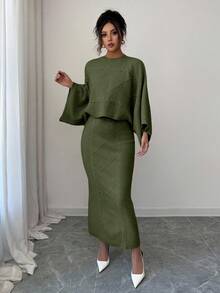 Elenzga Yellow Long Sleeve Top And Straight Skirt 2 Pieces Set, Elegant And Suitable For Party, Commute In Autumn/Winter - Army Green - View 3
