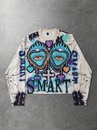 Street Life Camiseta de manga larga holgada y corta con estampado gráfico retro para hombres