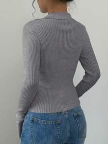 Selianne Cárdigan de punto ajustado con botones delanteros, mangas acampanadas y cuello sólido - Gris - Ver 2