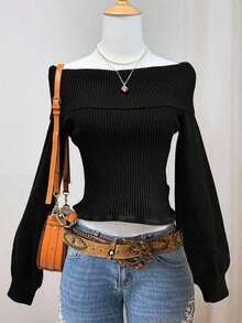 Lalippa 露肩纯色罗纹休闲长袖套头毛衣 - 黑色 - 查看 3