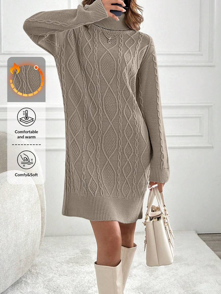 EURMUSE Knitwear Dress With Folded Neck And Cable Pattern - Rust Brown - View 1