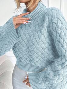 EURMUSE Áo len lửng tay dài cổ lọ cánh dơi trơn màu cho nữ, Thu/Đông - Màu xanh nhạt - Xem 3