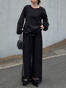 FRIFUL 女士纯黑色圆领上衣，插肩袖，拉链装饰；搭配网眼直筒裤，宽松休闲两件套，适合秋冬季 - 黑色 - 查看 4