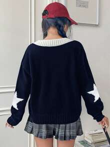 SHEIN 少女拼色V领宽松图案套头毛衣 - 藏蓝色 - 查看 3