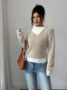 SHEIN Elenzya 优雅纽扣肩高领长袖罗纹针织毛衣，秋冬 - 卡其色 - 查看 2
