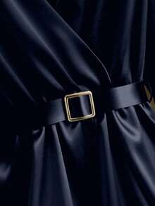 GlowEve Satin + Belt Decor Long Sleeve Women Midi Dresses - Navy Blue - View 4