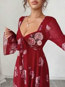 Elenzga 女士时尚优雅玫瑰印花甜心领扭结前襟不对称荷叶边下摆弹力网纱喇叭袖度假连衣裙 - 彩色 - 查看 4