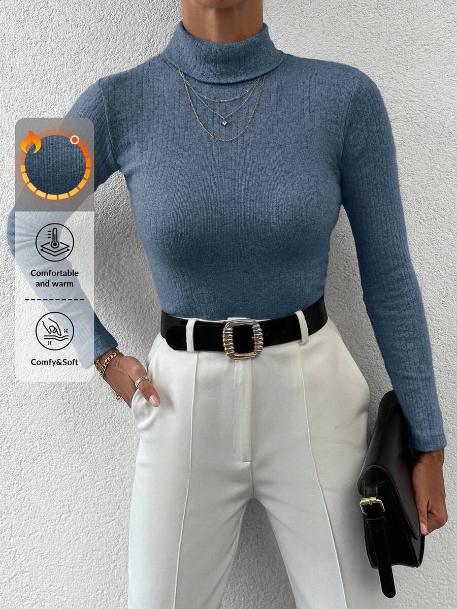 Maglione casual a collo alto a maniche lunghe aderente di colore unito da donna