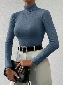 Maglione casual a collo alto a maniche lunghe aderente di colore unito da donna