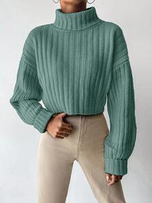 SHEIN Cottnline Damen Lässig einfarbiger High Neck Drop-Shoulder Pullover für Herbst & Winter - Minzgrün - Übersicht 5
