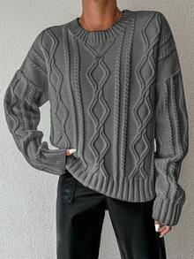 EURMUSE Damski sweter typu casual z okrągłym dekoltem i wzorem Twist w jednolitym kolorze - Ciemnoszary - Zobacz 4