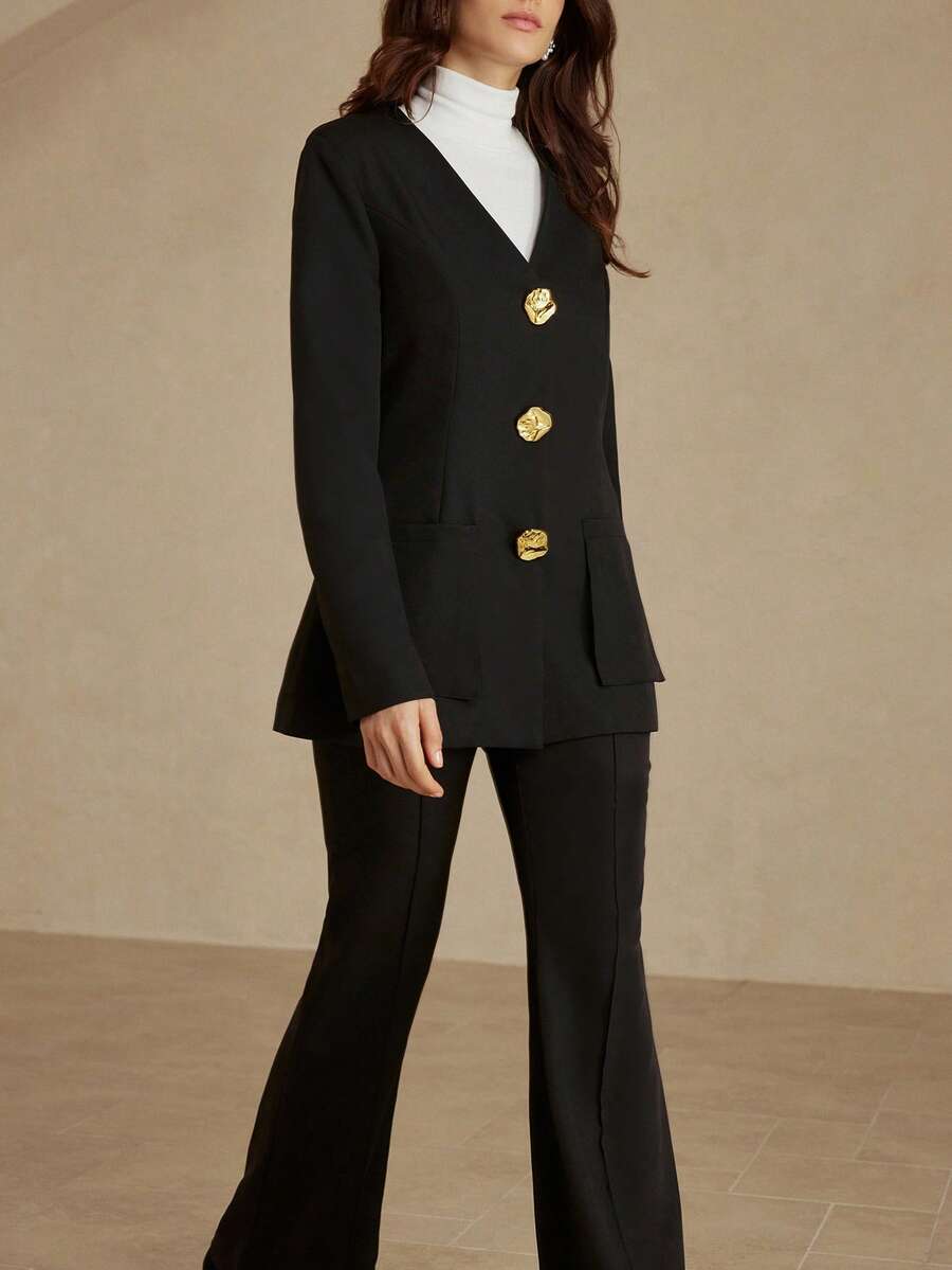 Aveloria Rosie Minimalist V-Neck Embossed Metal Button Waist Fitted Blazer Suit - Black - View 1