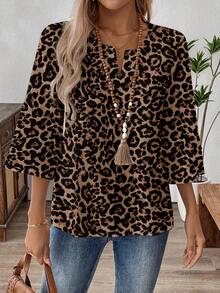 EMERY ROSE Plus Size Leopard Print Notch Collar Casual Versatile Shirt V Neck Blouses For Women Cheetah Print Animal Print Top Cheetah Print Top Leopard Print Tops Tiger Print Top Cheetah Animal Print Leopard Print Blouses