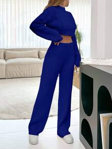 EURMUSE Women's Plain Drop Shoulder Long Sleeve Crop Top And Knitted Pants Casual Suit,Petite Co Ord Set,Petite Co Ord,Winter Co Ord Set,Co Ord,Loungewear Set,Petite,Winter Clothes - Blue - View 7
