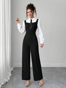 SHEIN Combinaison longue manches noir et blanc avec contrastes de couleurs pour adolescentes - Noir et Blanc - Voir 3