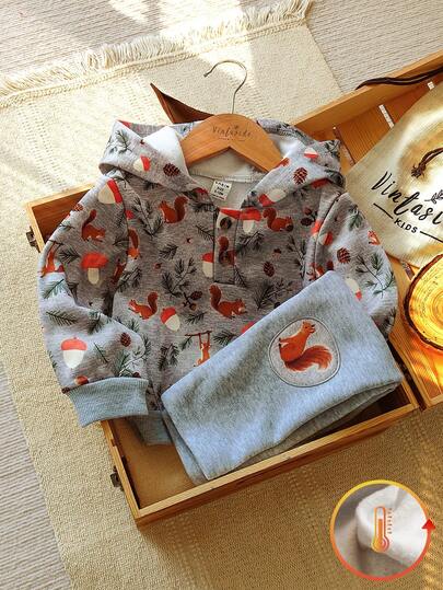 Vintaside Kids Baby Boy Digital Print Hoodie And Pants Set, Casual Minimalist Style, Suitable For Everyday Wear, Spring/Autumn