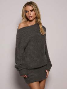 SHEIN BAE Vestido de punto casual de mujer con hombros caídos y unicolor - Gris Oscuro - Ver 7